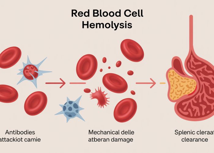 Diagram of red blood cell destruction (hemolysis) illustrating causes like antibody attack and splenic clearance.