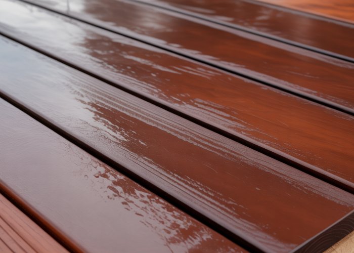 Close-up of freshly stained red cedar showing a beautiful, deep red color and enhanced wood grain.