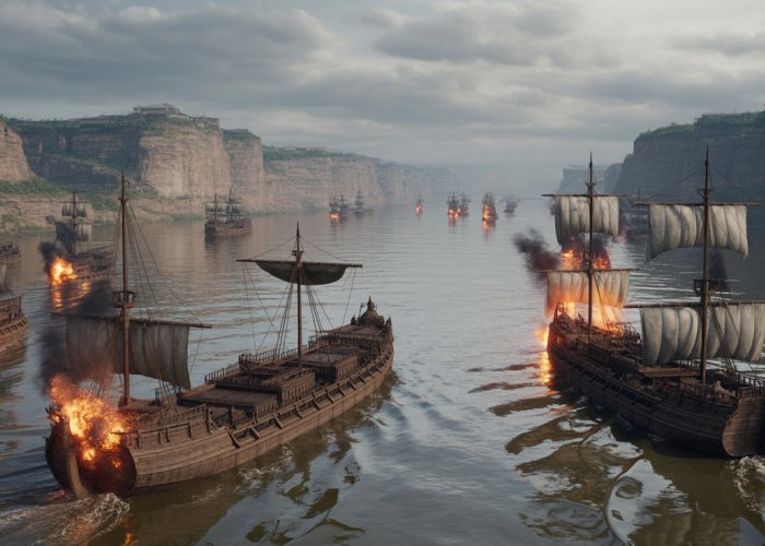 Epic depiction of the Battle of Red Cliffs with burning ships and dramatic river cliffs.
