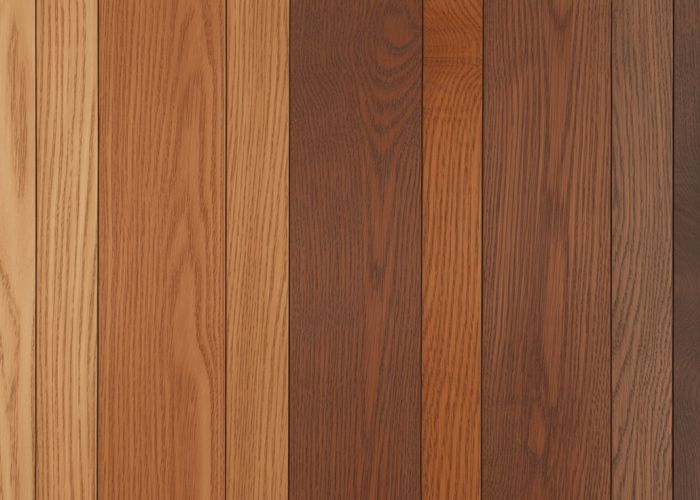Red oak hardwood flooring samples showcasing various stain colors, demonstrating different aesthetic options.