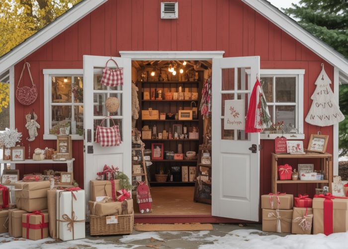 Red shed filled with handcrafted gifts and charming decorations