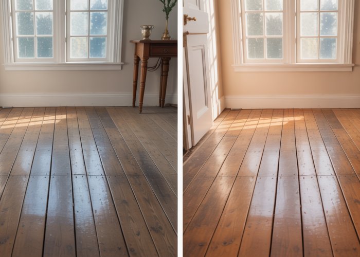 Refinished pine floors: a before and after comparison showing the dramatic improvement after sanding, staining, and sealing.