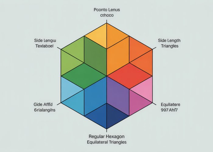 Infographic illustrating the properties of a regular hexagon, including interior and exterior angles, side length relationships, and equilateral triangle decomposition.