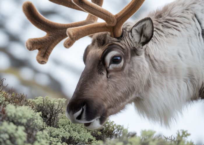 Reindeer grazing on lichen in a snowy mountain environment.