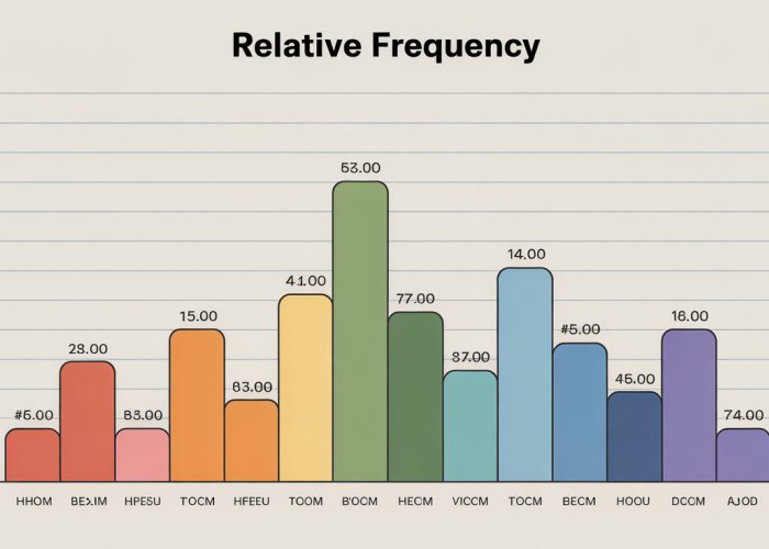 Relative frequency histogram showing the distribution of student heights in a classroom. The x-axis represents height in inches, and the y-axis represents relative frequency.