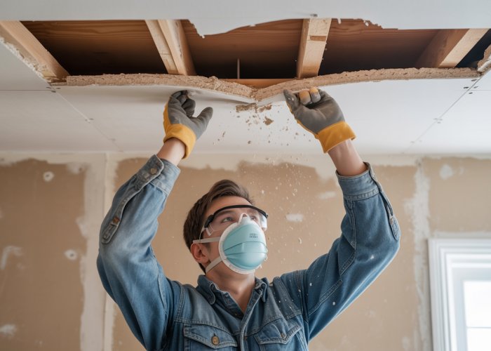 Person removing drywall from ceiling while wearing safety gear.
