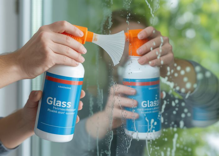 Removing dried paint from a window using glass paint remover.
