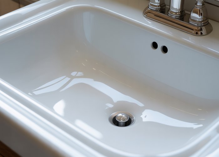 Newly repainted porcelain sink with a glossy white finish.