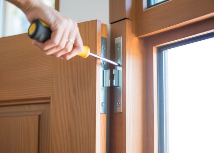 Homeowner tightening screws on door hinge to fix sagging door.