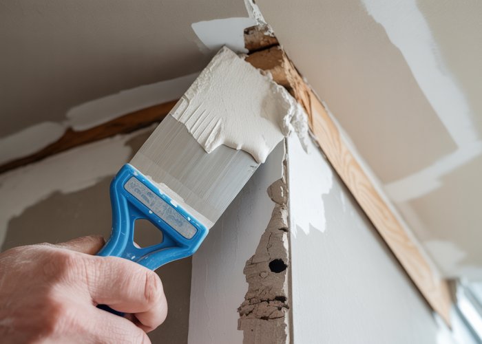 Close-up of a damaged drywall corner being repaired with joint compound.