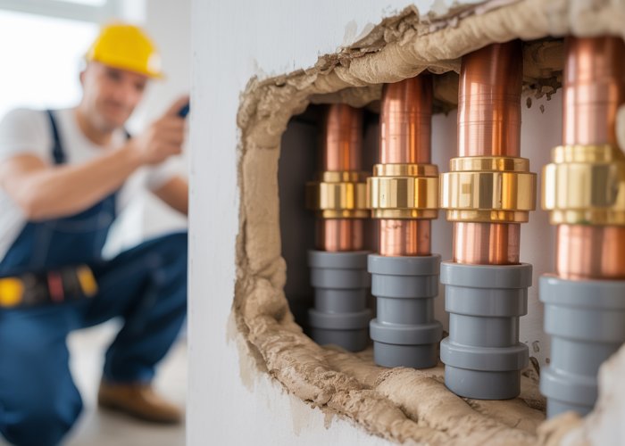 Repiping a house: old corroded pipes being replaced with new copper pipes by a plumber. Cost comparison concept.