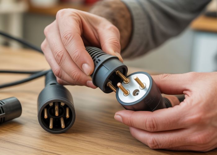 Hands replacing a vacuum cleaner plug with a new, safe one on a workbench.