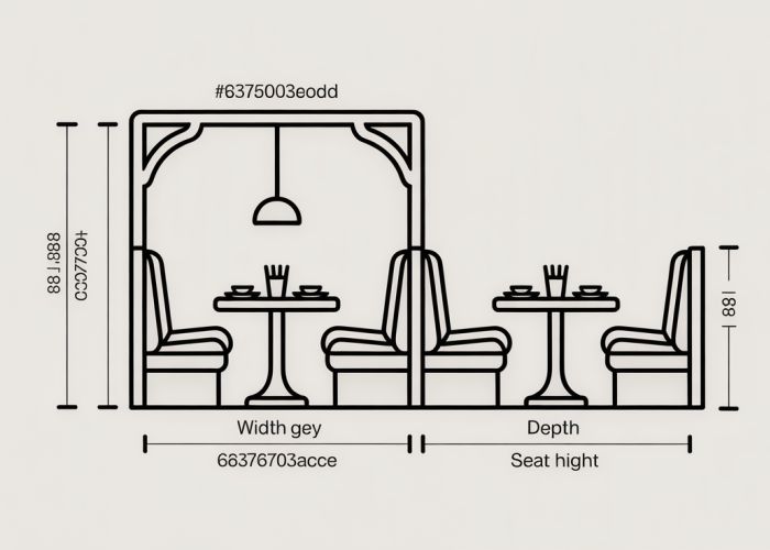 Diagram illustrating standard dimensions of a restaurant seating booth, including height, width, depth, and seat height.
