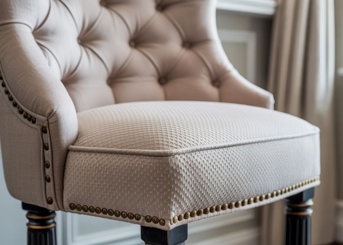 Close-up of a beautifully reupholstered bar stool with new fabric.