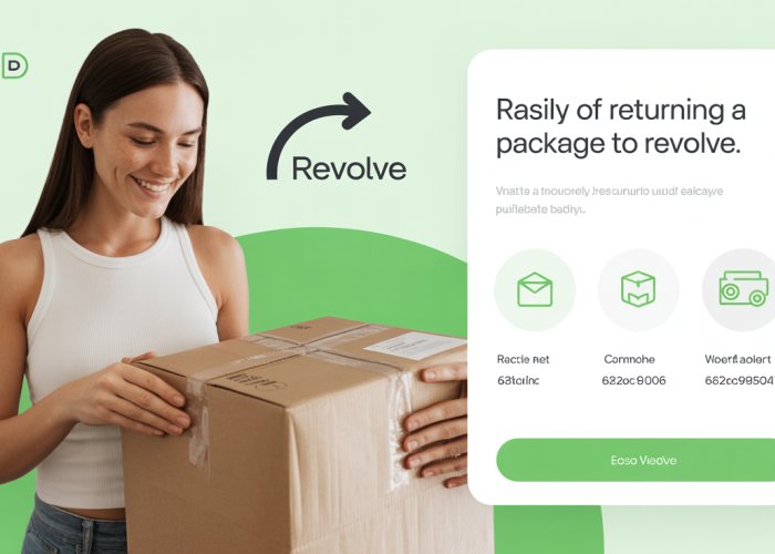 Happy customer easily returning REVOLVE package with smile.