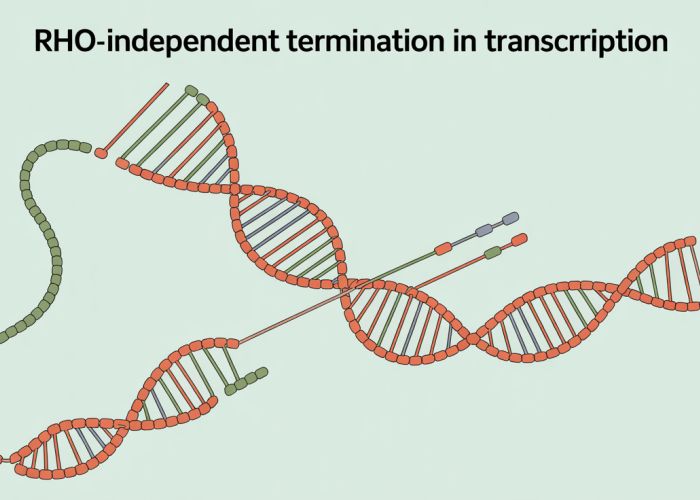 Diagram illustrating rho-independent transcription termination in bacteria, showing hairpin loop and uracil string.