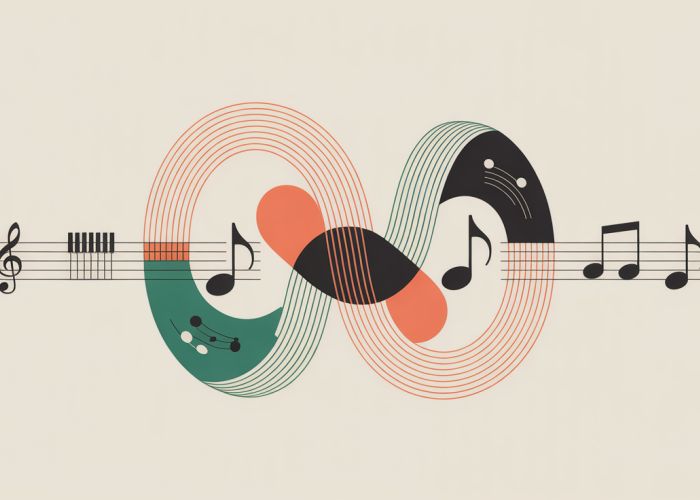 Abstract representation of rhythm and harmony, featuring flowing lines and contrasting colors symbolizing musical balance and movement.