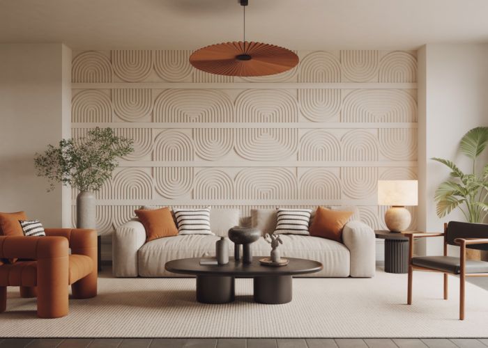 Modern living room featuring rhythmic interior design elements like patterned cushions and textured walls.