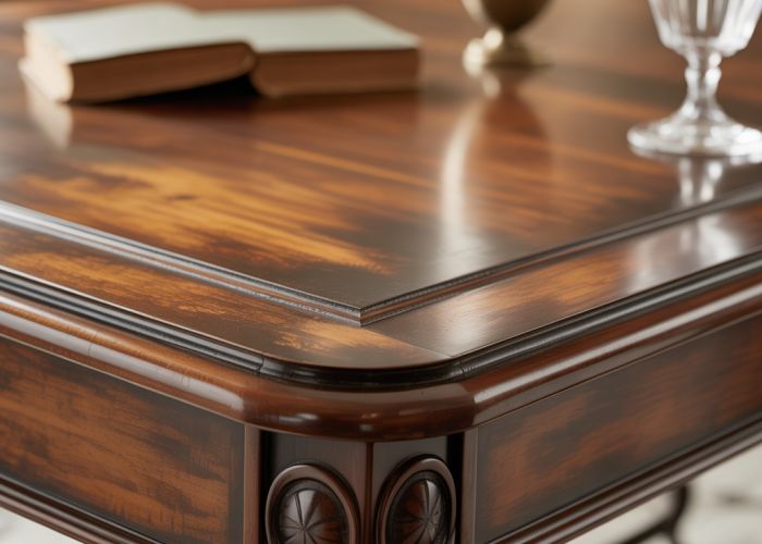 Antique wooden table with a rich chocolate stain showing the wood grain.