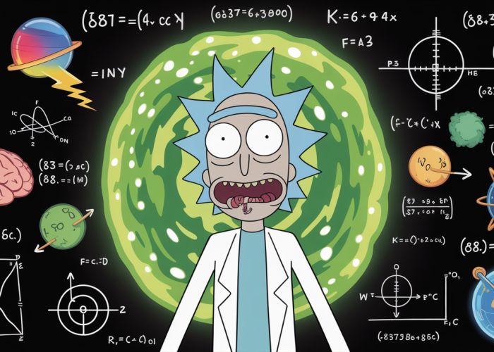 Cartoon image of Rick Sanchez surrounded by equations, highlighting his genius IQ.