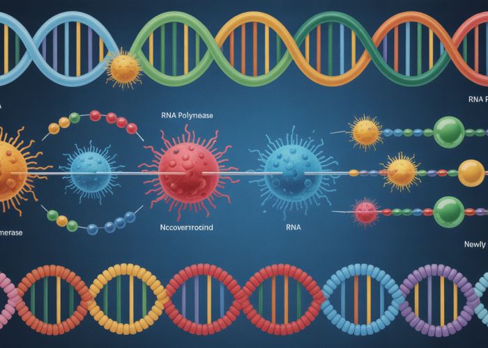 Illustration of RNA synthesis, showing DNA template, RNA polymerase, nucleotides, and newly formed RNA strand.