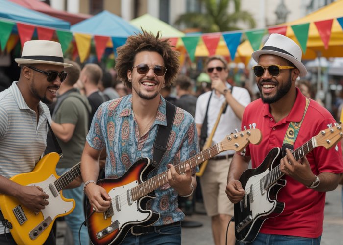 Musicians performing rocksteady music at a lively Jamaican street party