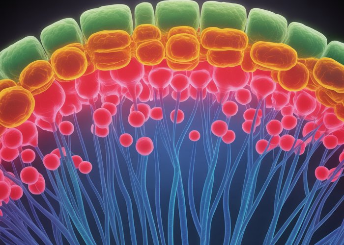 Microscopic view of rod and cone cells in the human retina, responsible for night and color vision.