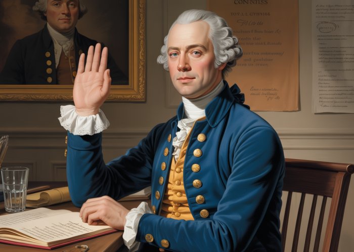 Portrait of Roger Sherman, a Founding Father, with the US Constitution in the background.