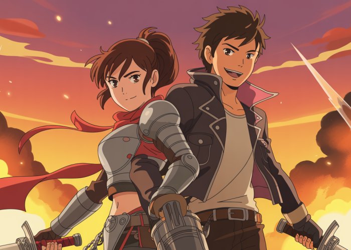 Anime-style illustration of a swordswoman and rogue standing back-to-back against a fiery sunset, suggesting a romantic action series.