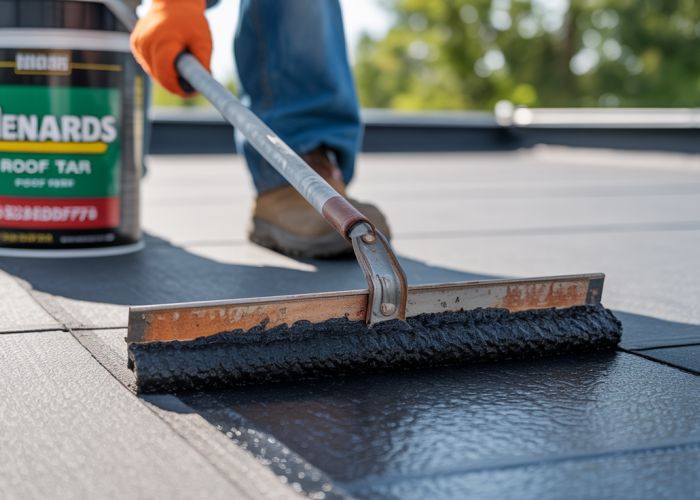 Roofer applying roof tar from Menards to a flat roof for waterproofing.