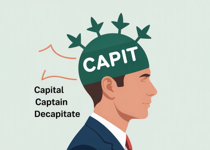 Visual explanation of the root word 'capit' meaning 'head', with examples like 'capital', 'captain', and 'decapitate'.