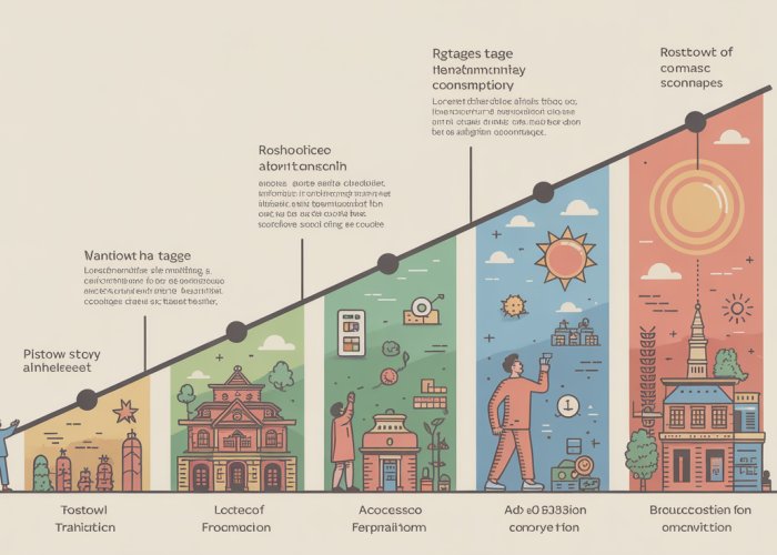 Visual representation of Rostow's Stages of Economic Growth, illustrating the transition from traditional society to mass consumption.