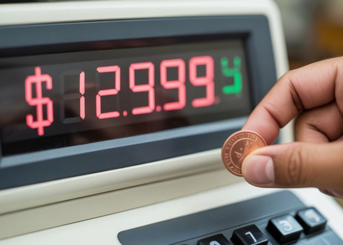 Cash register display showing $12.99, emphasizing rounding to the nearest cent during a transaction.