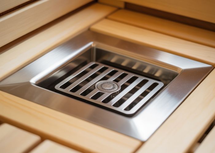 Stainless steel floor drain in sauna, preventing moisture buildup.