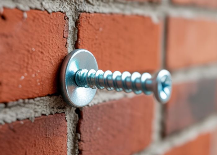 Close-up of a screw being driven into a brick wall.