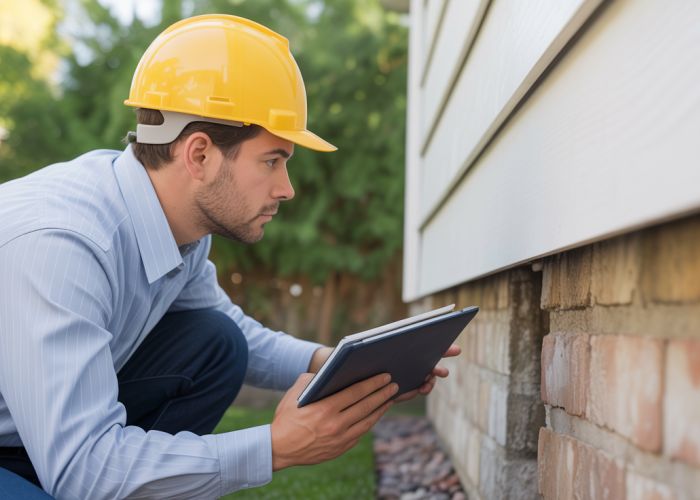 Home inspector conducting a secondary appraisal, examining the foundation for potential issues.