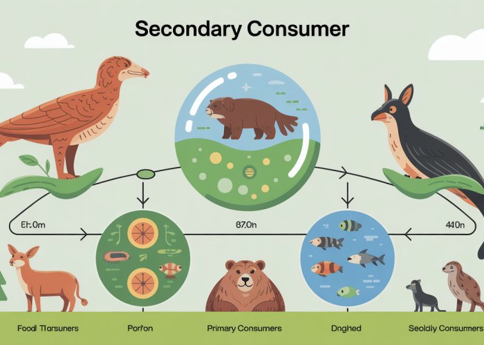 Illustration of a food chain showing producers, primary consumers, and a secondary consumer (snake) eating a primary consumer (mouse).