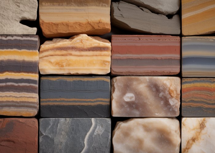 Variety of sedimentary rock samples, including sandstone, limestone, shale, and conglomerate, showing layered textures and diverse colors.