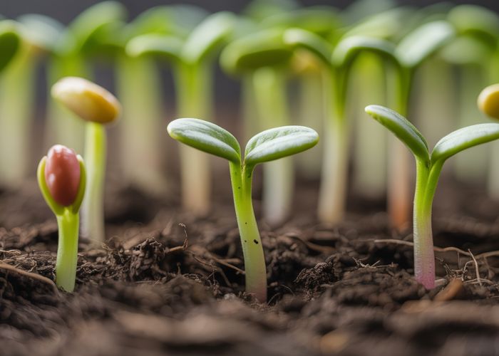 Seedlings sprouting from soil, illustrating factors affecting seed germination.