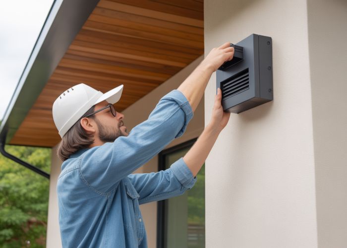 Woman installing motion sensor light fixture on house exterior, highlighting DIY and security.
