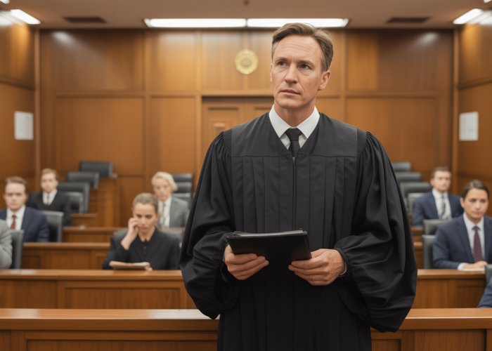 Judge presiding over a case with a sequestered jury, emphasizing impartiality and isolation.