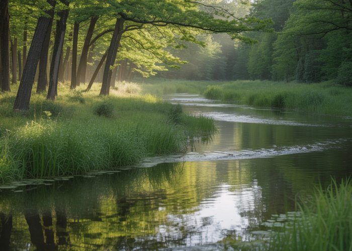 Winding creek flowing through a lush green forest with dappled sunlight reflections.
