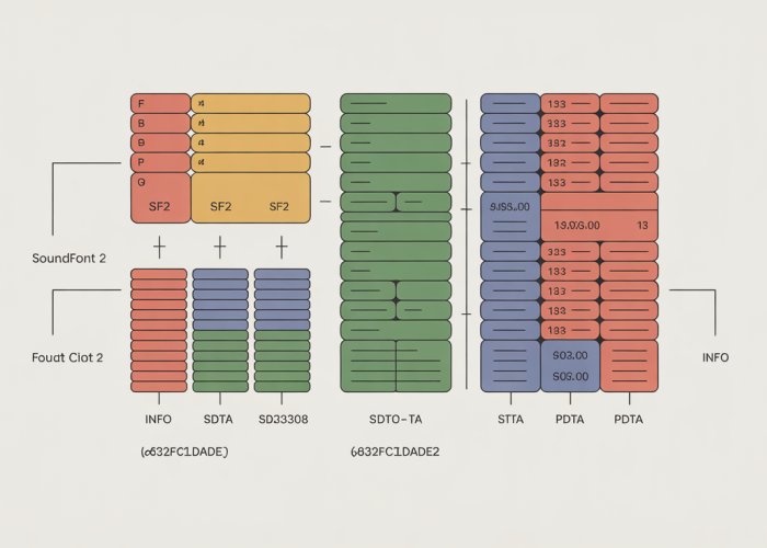 Diagram illustrating the SoundFont 2 (SF2) file format structure, detailing the organization of INFO, SDTA, and PDTA sections.