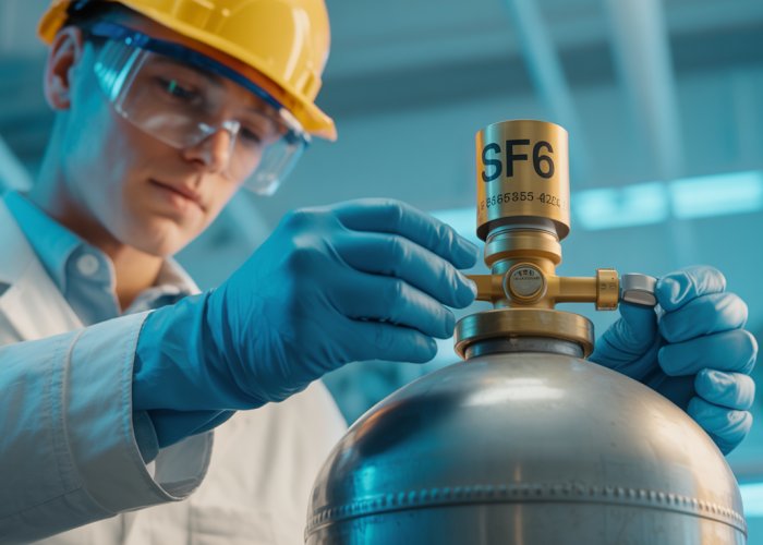 Scientist carefully measures SF6 gas, highlighting the importance of molar mass calculations.