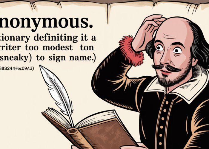 Illustration of Shakespeare looking confused at the dictionary definition of 'anonymous,' suggesting questions about authorship.