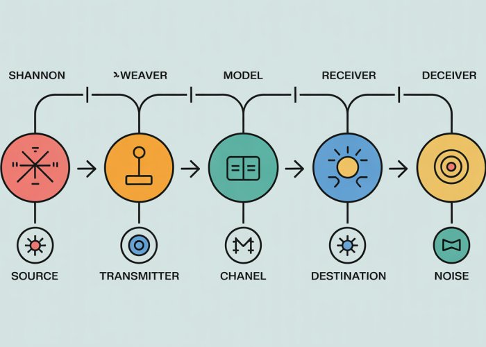 Diagram of the Shannon-Weaver model of communication, showing sender, transmitter, channel, receiver, destination, and noise.