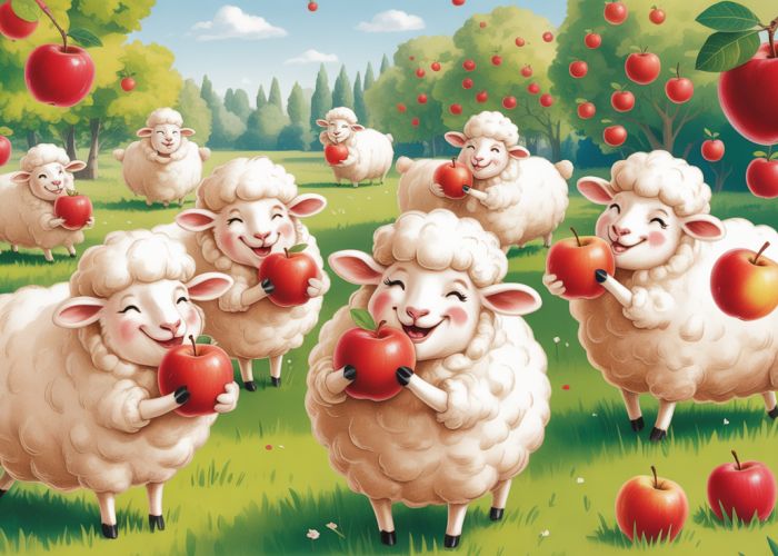 Illustration of happy sheep eating apples in an orchard.
