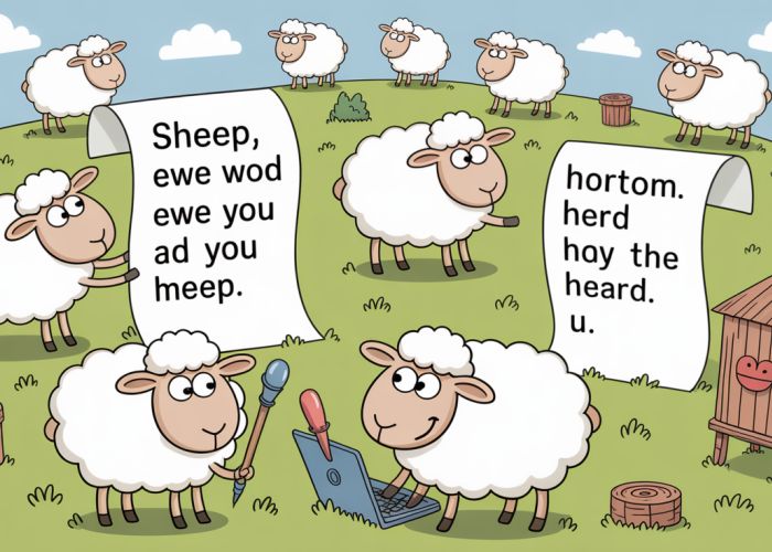 Illustration of sheep writing letters with homophones, featuring humorous wordplay on terms like 'ewe' and 'you'.