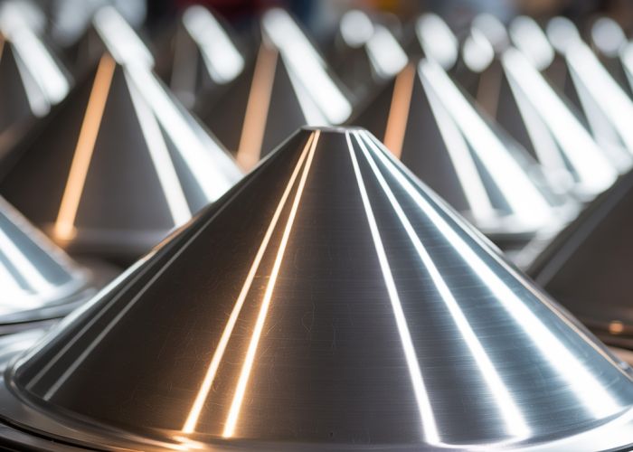Detailed close-up of a sheet metal cone showing seamless welds and precise construction.