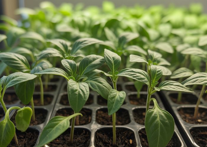 Healthy shishito pepper seedlings growing in a seed tray.